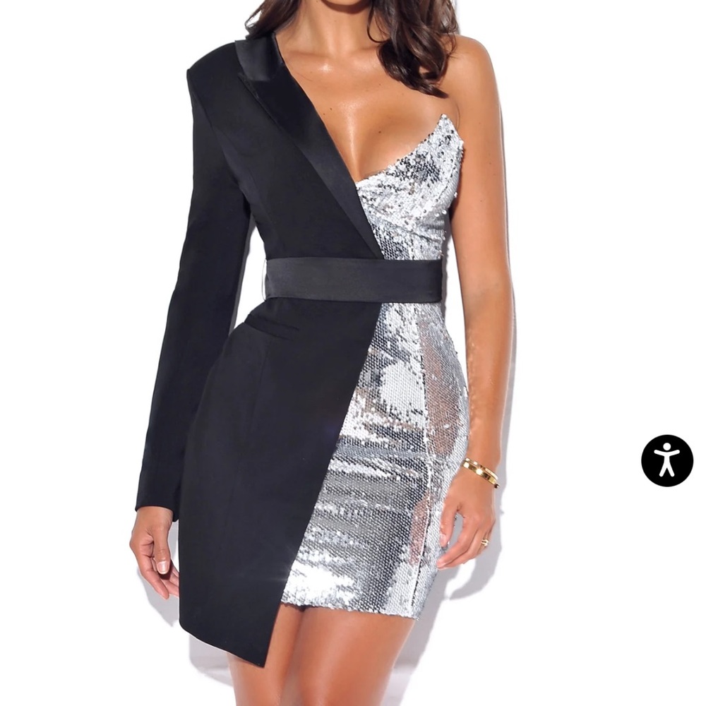 Silver & black sparkly one sleeve strapless mini dress